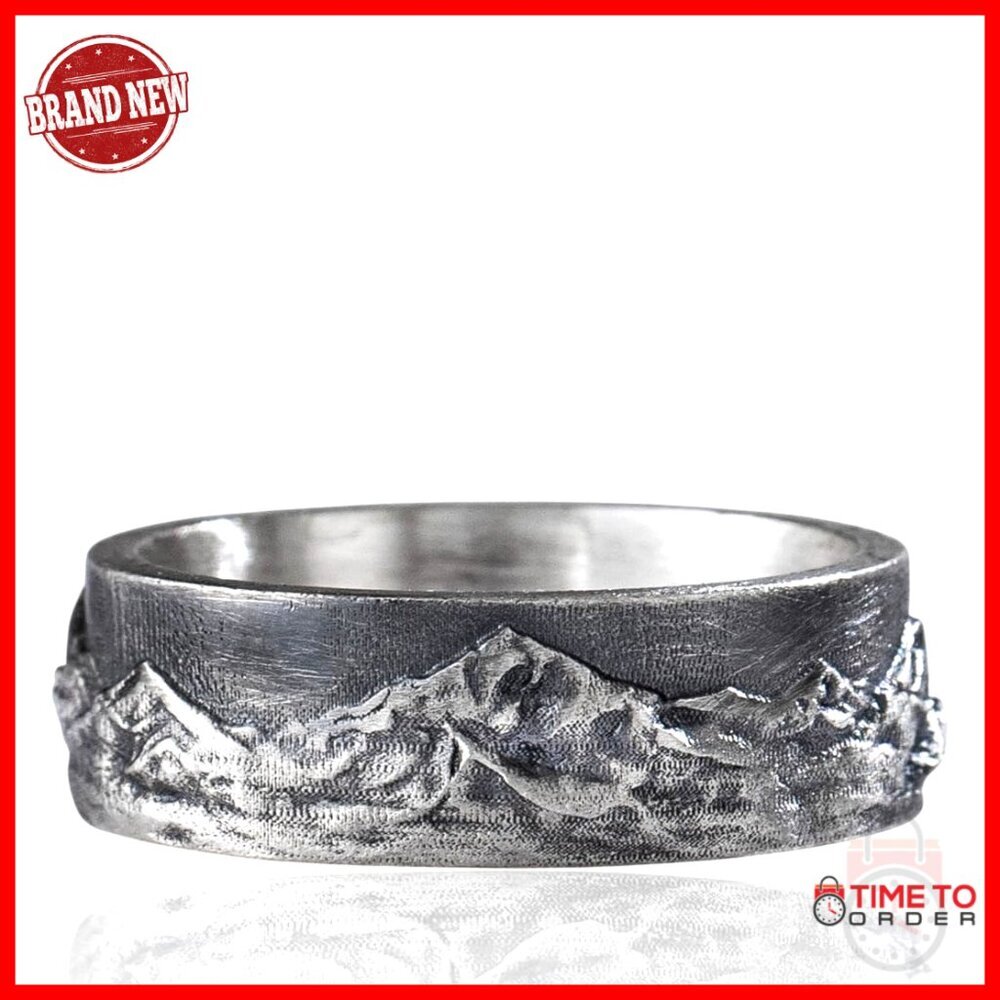 Sterling Silver Mountain Band Ring Size 10, Rustic Wedding Band, Handmade